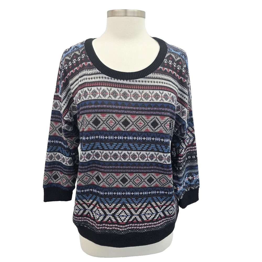 Almost Famous Juniors 1X Black Aztec Sweater Lace Back 3/4 Sleeve Knit Top